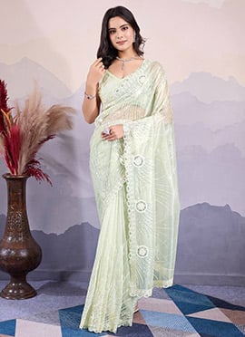 Pista Green Net Embroidered Sequins Saree