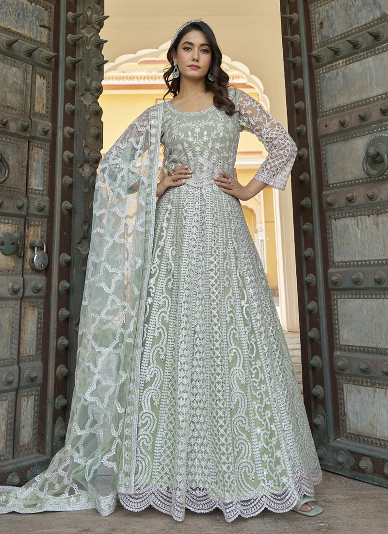 Sage Green Front & Back Stone Embroidered Wedding Anarkali Suit