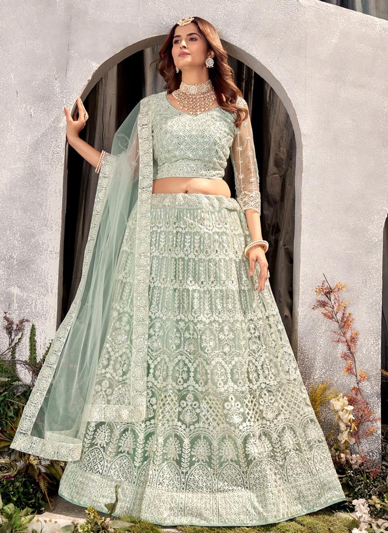 Pista Green Net Embroidered Umbrella Lehenga Party Wear