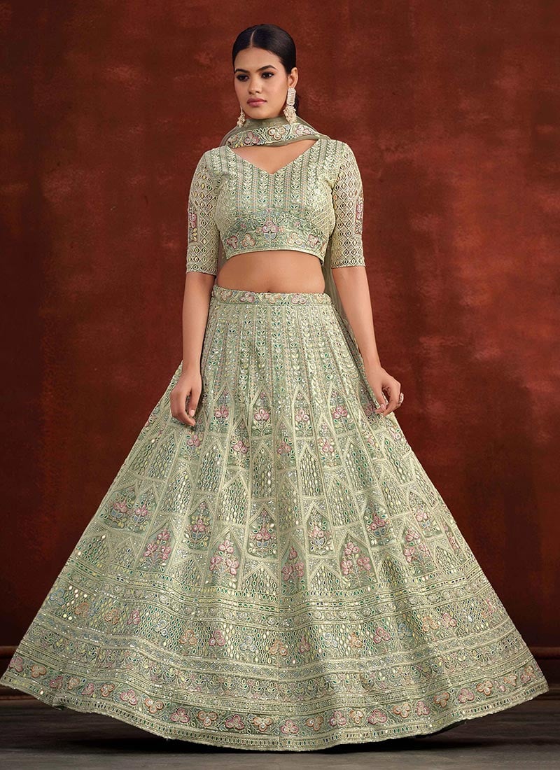 Pista Green Net Embroidery Stone And Hand Embroidered Umbrella Lehenga Wedding Wear