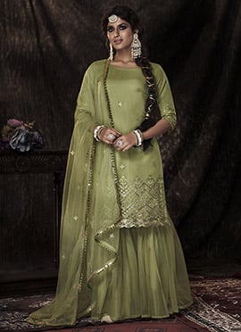 Pista Green Net Sequins Embroidered Designer Sharara Suit