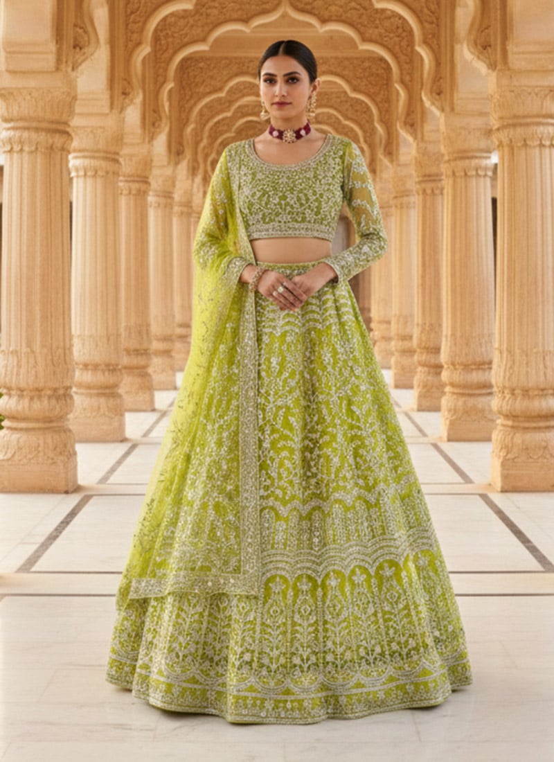 Pista Green Net Sequins Embroidered Lehenga Wedding Wear