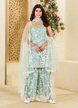 Pista Green Net Sequins Embroidered Palazzo Suit