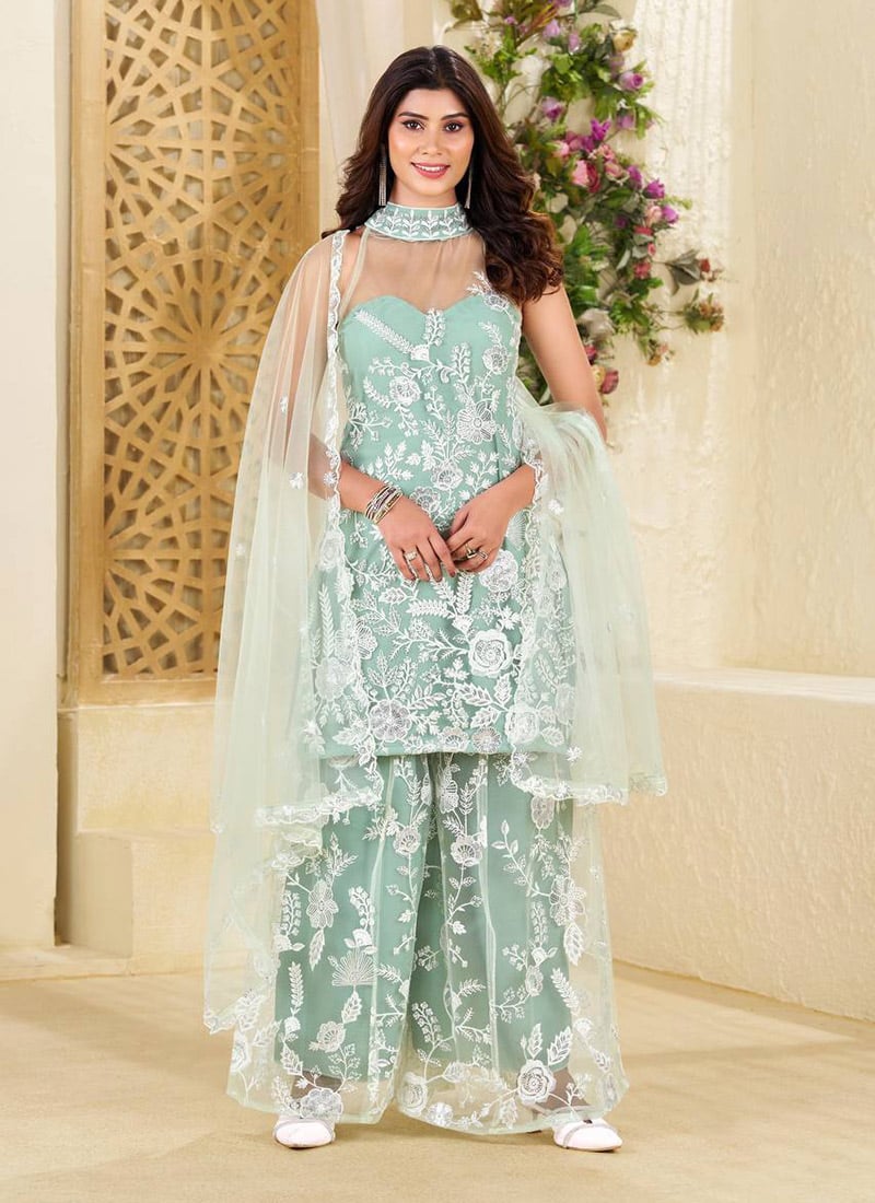 Pista Green Net Sequins Embroidered Palazzo Suit Festive Wear-SLSWEK191PIGN