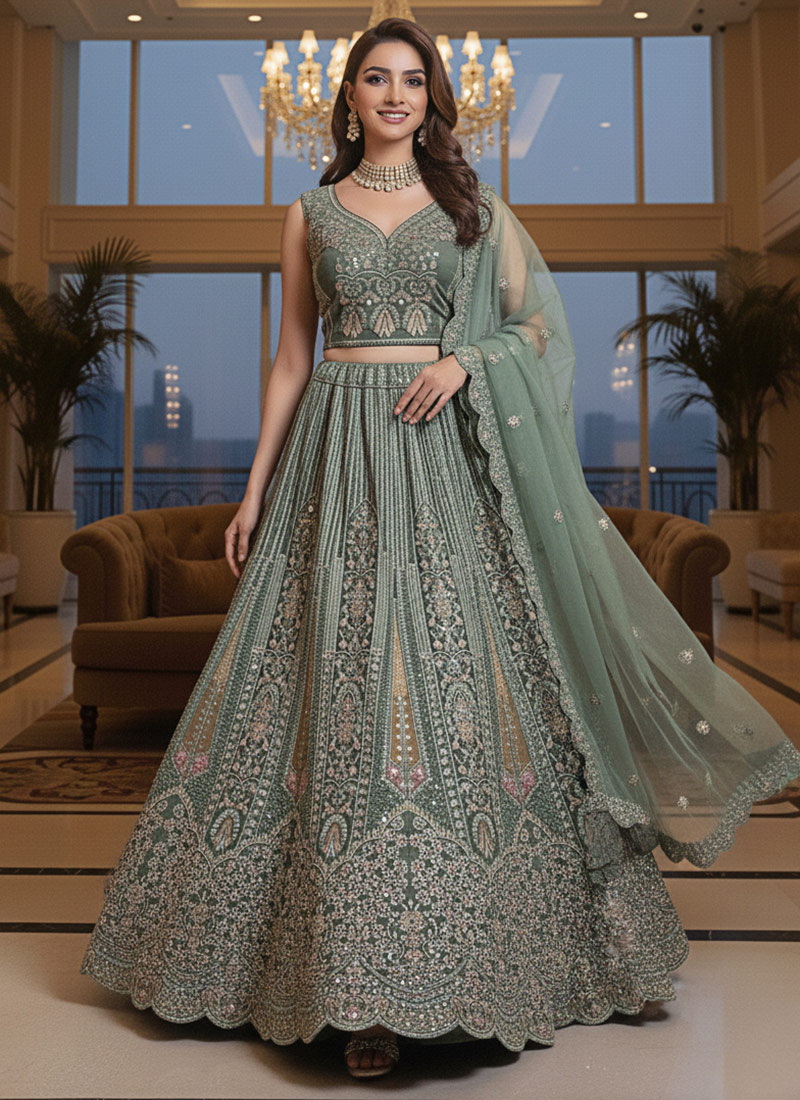 Pista Green Net Thread Zarkan Stone Embroidered Umbrella Lehenga