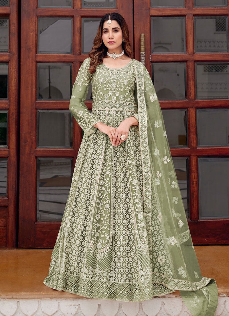 Pista Green Net Zari Embroidered Sequins Stone And Mirror Work Anarkali Suit Festive Wear