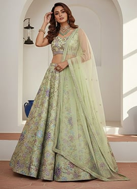 Pista Green Organza Embroidered Lehenga