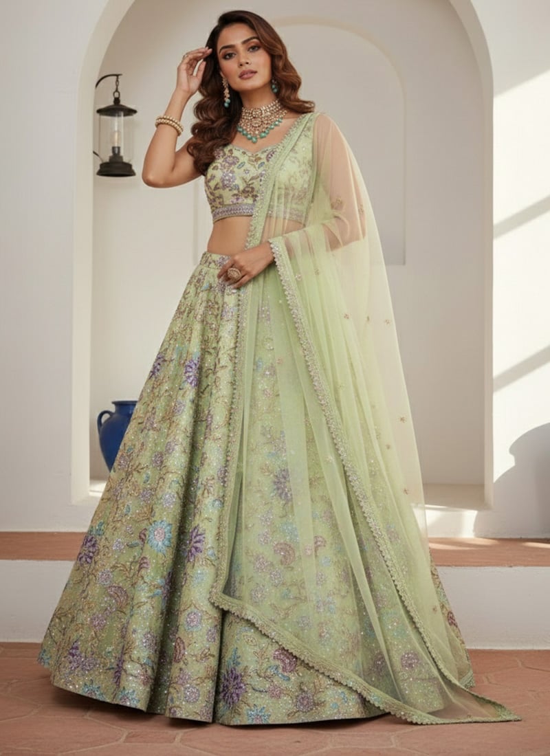 Pista Green Organza Embroidered Lehenga Wedding Wear