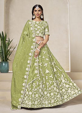 Pista Green Organza Embroidered Sequins Lehenga