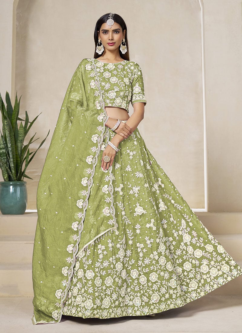 Pista Green Organza Embroidered Sequins Lehenga