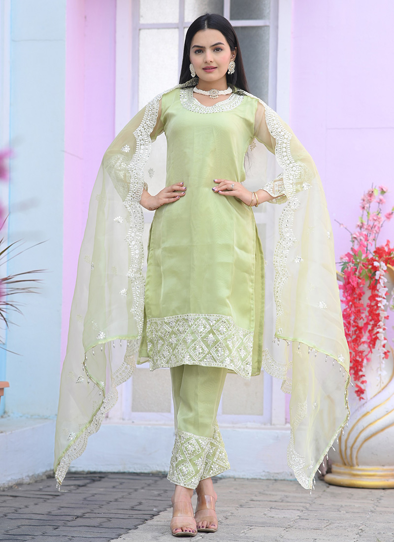 Pista Green Organza Embroidered Sequins Straight Pant Suit