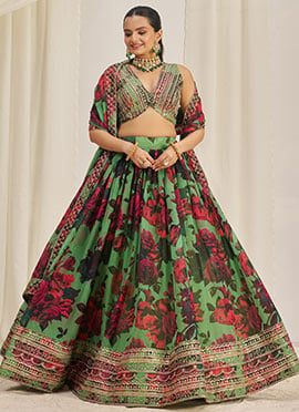 Pista Green Organza Floral Digital Print Embroidered Sequins Stunning Lehenga