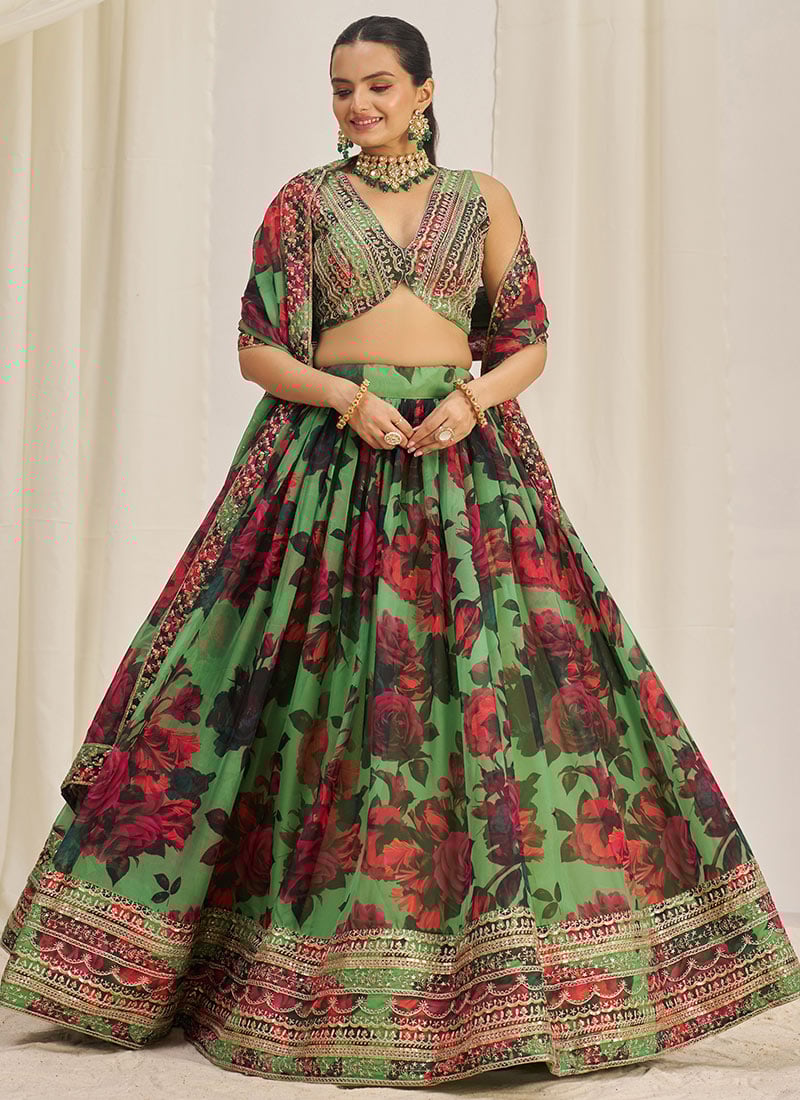 Pista Green Organza Floral Digital Print Embroidered Sequins Stunning Lehenga Wedding Wear