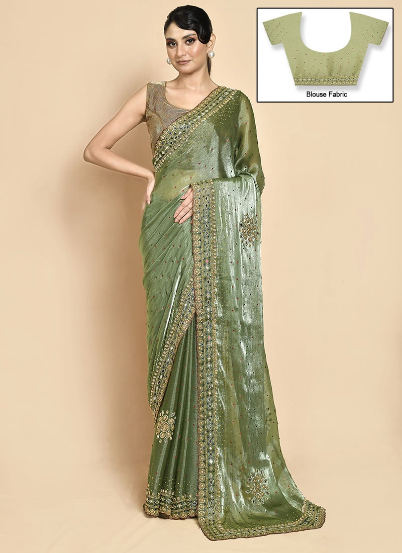 Pista Green Organza Hand Embroidered Saree Wedding Wear