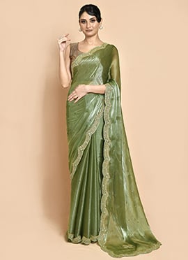 Pista Green Organza Hand Embroidered Saree