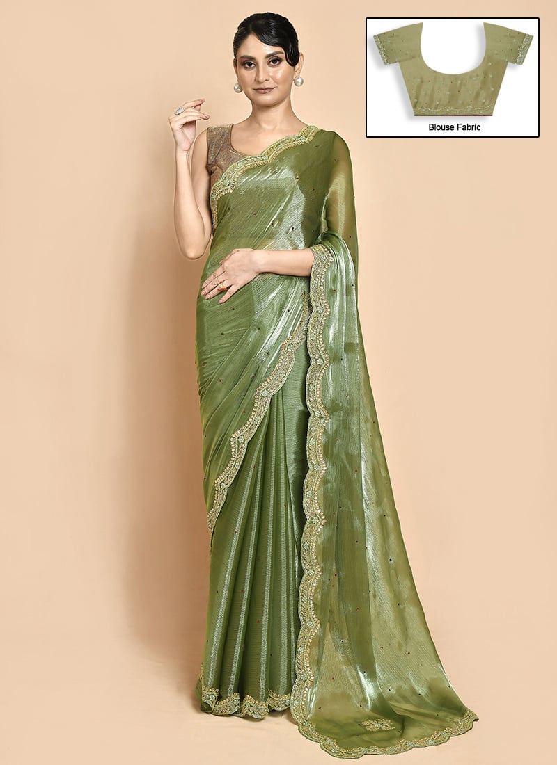Pista Green Organza Hand Embroidered Saree Wedding Wear