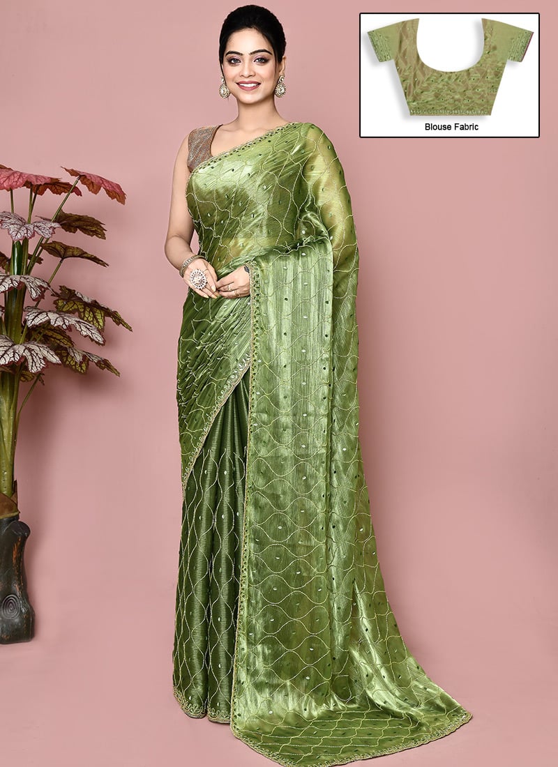 Pista Green Organza Hand Embroidered Saree