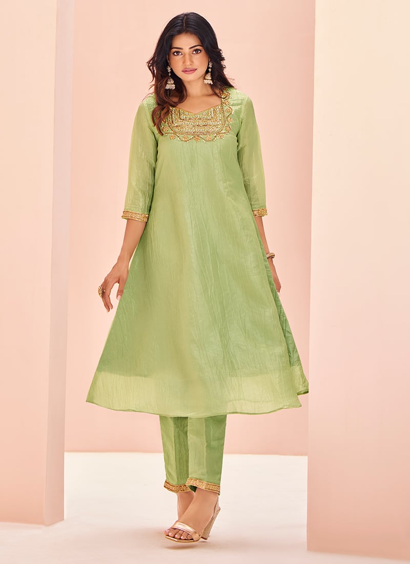 Pista Green Organza Hand Work Kurta Straight Pant Set After Six Wear
