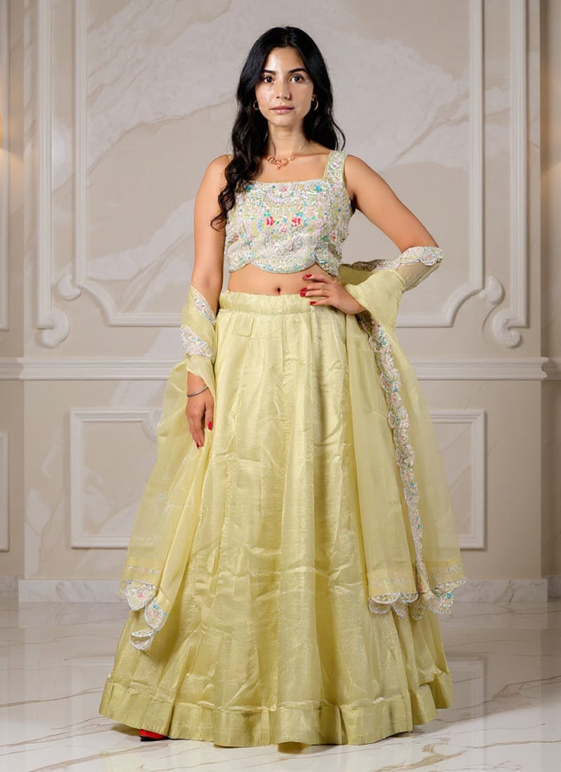 Pista Green Organza Tissue Zari Sequins And Stone Work Choli Lehenga Wedding Wear