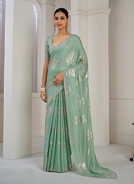 Pista Green Organza Zari And Stone Work Saree Festive Wear