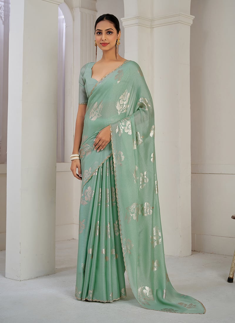 Pista Green Organza Zari And Stone Work Saree Festive Wear