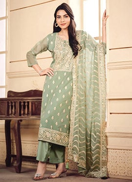 Pista Green Organza Zari Embroidered  Straight Pant Suit