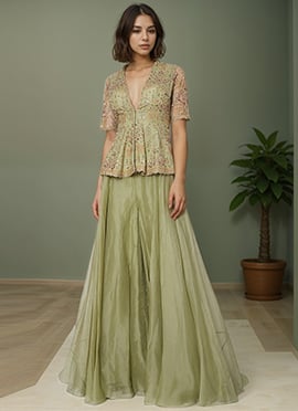 Pista Green Organza Zari Embroidered Sequins Hand Embroidered Palazzo Suit