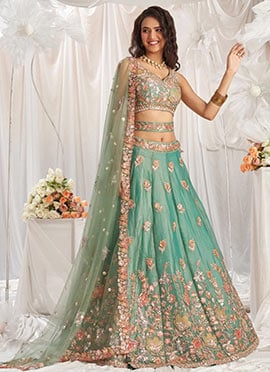 Pista Green Organza Zari Embroidered Umbrella Lehenga Choli