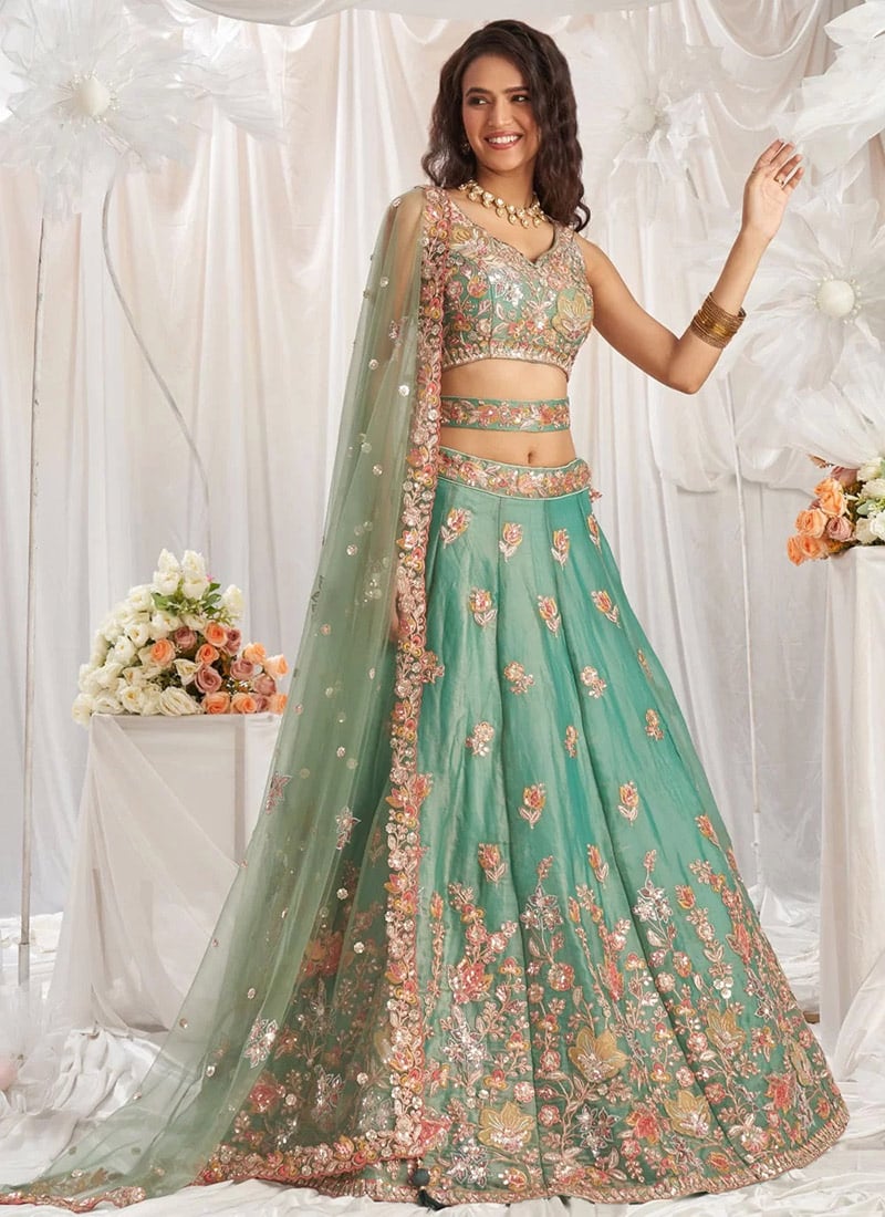 Pista Green Organza Zari Embroidered Umbrella Lehenga Choli After Six Wear