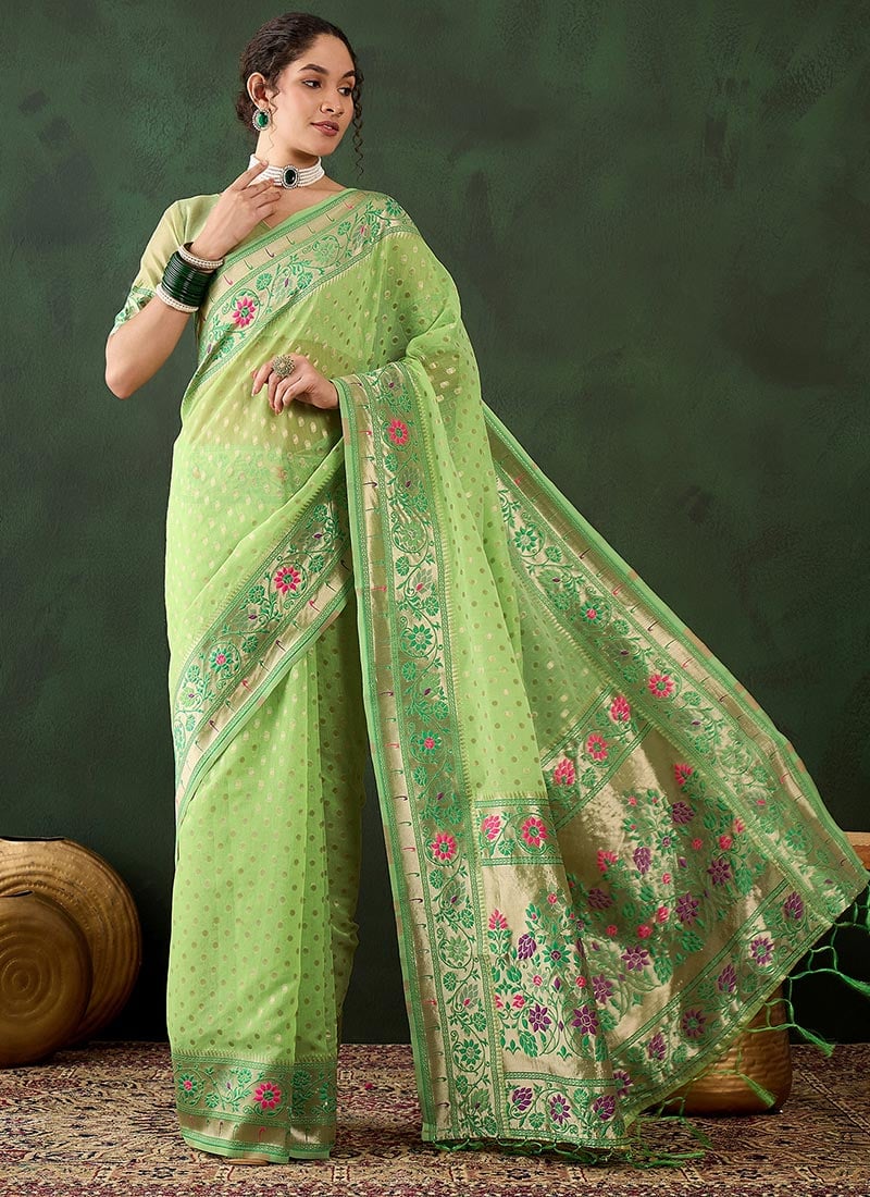 Pista Green Poly Cotton Woven Zari Saree Festive Wear