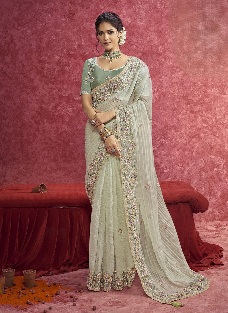 Pista Green Pure Tissue Zari Embroidered Sequins Resham Saree Festive Wear