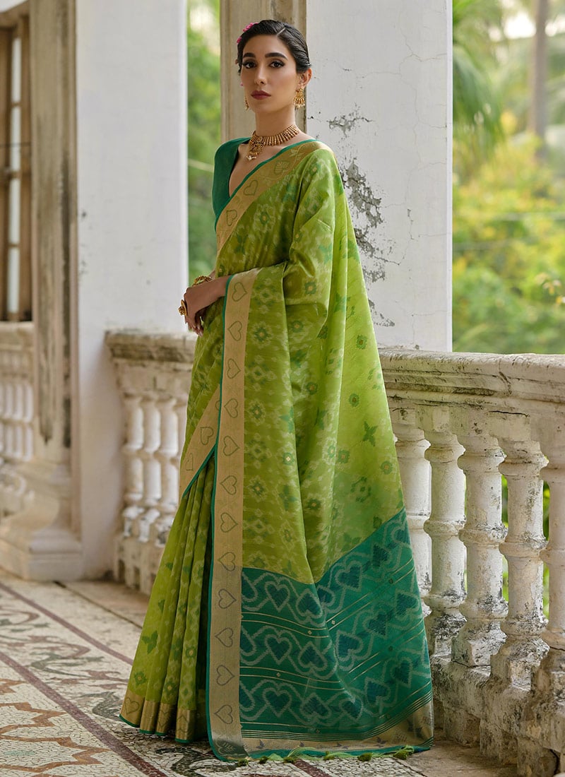 Pista Green Raw Silk Zari Resham Woven Ikat Print Saree Festive Wear