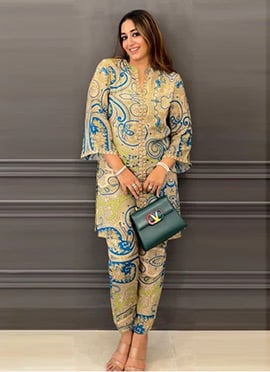 Pista Green Rayon Digital Print Indowestern Co ord Set