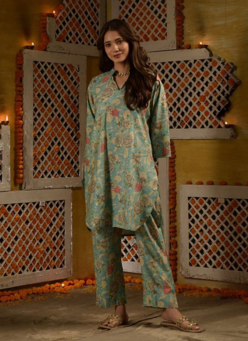 Pista Green Rayon Digital Print Indowestern Co ord Sets After Six Wear