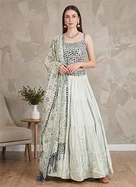 Pista Green Rayon Embroidered Mirror Work Lehenga