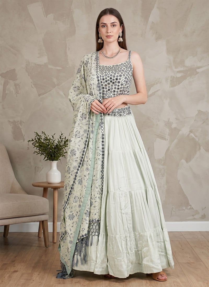 Pista Green Rayon Embroidered Mirror Work Lehenga Wedding Wear