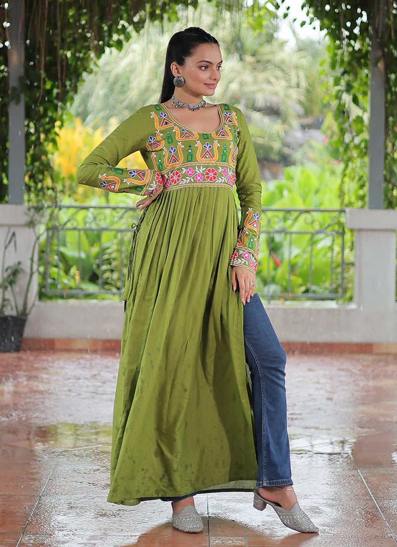 Pista Green Rayon Kutch Work Long Kurti Festive Wear