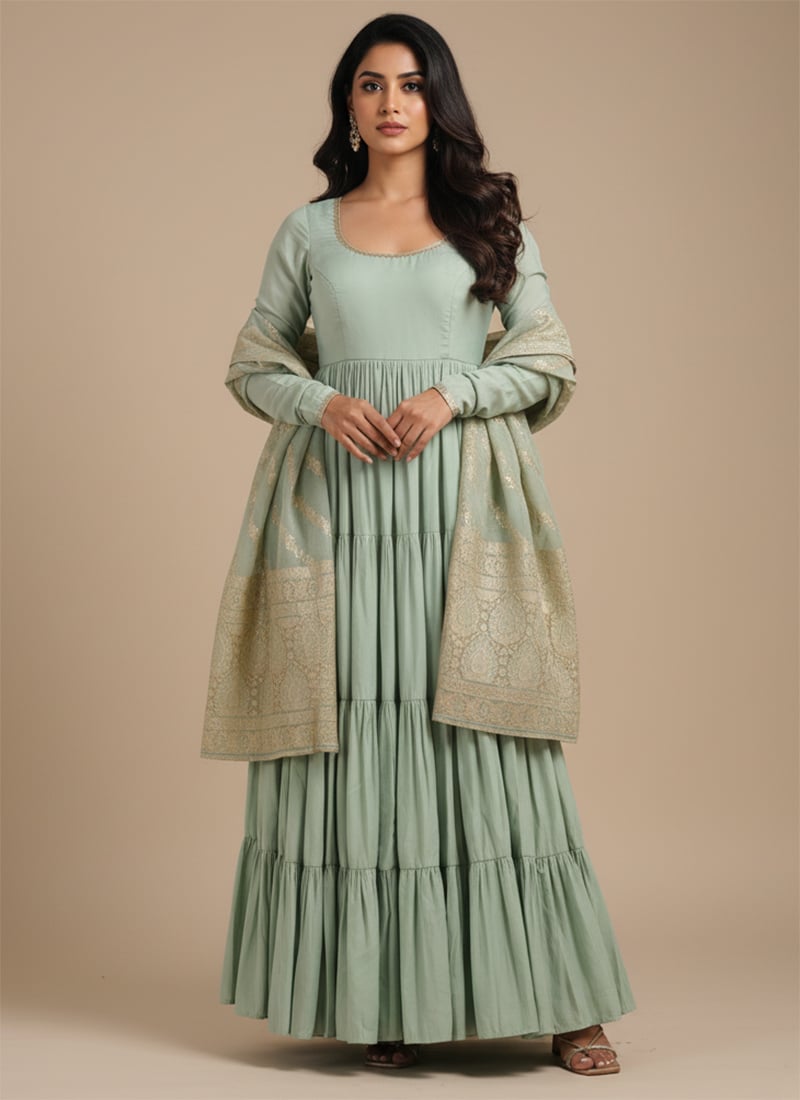 Pista Green Roman Silk Chanderi Jacquard Anarkali Suit Festive Wear