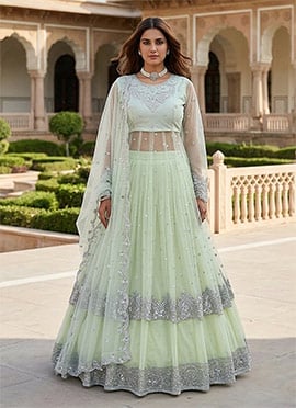 Pista Green Round Neck Zari Sequins Embroidered Lehenga