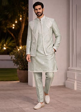 Pista Green Satin Embroidered Bandi Set With Kurta And Straight Pant For Men