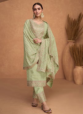 Pista Green Satin Silk Embroidered Straight Pant Suit