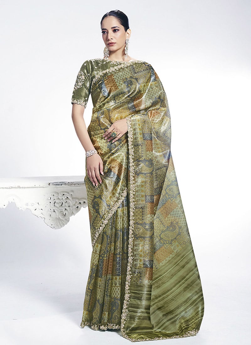 Pista Green Satin Silk Embroidery With Stone Saree Festive Wear