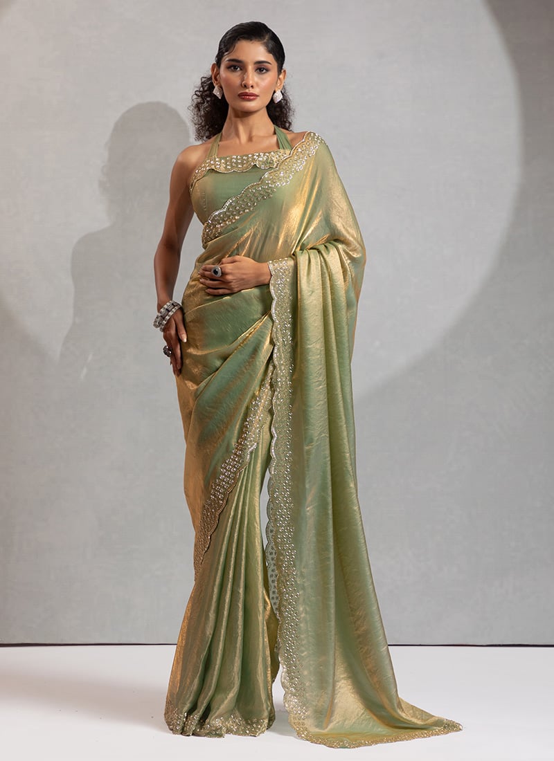 Pista Green Satin Silk Hand Embroidered Zari Saree