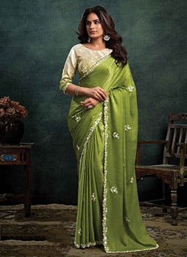 Pista Green Satin Silk Sequins Moti Stones Hand Embroidered Saree