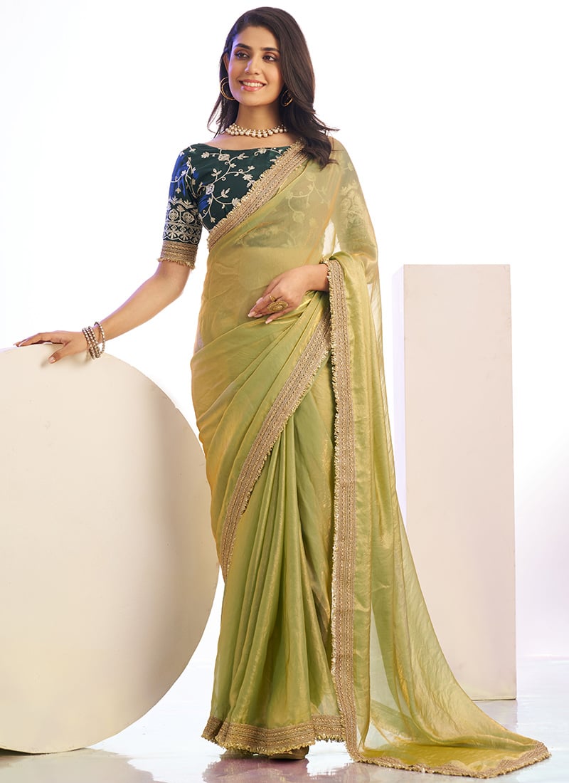 Pista Green Satin Zari Embroidered Saree Festive Wear