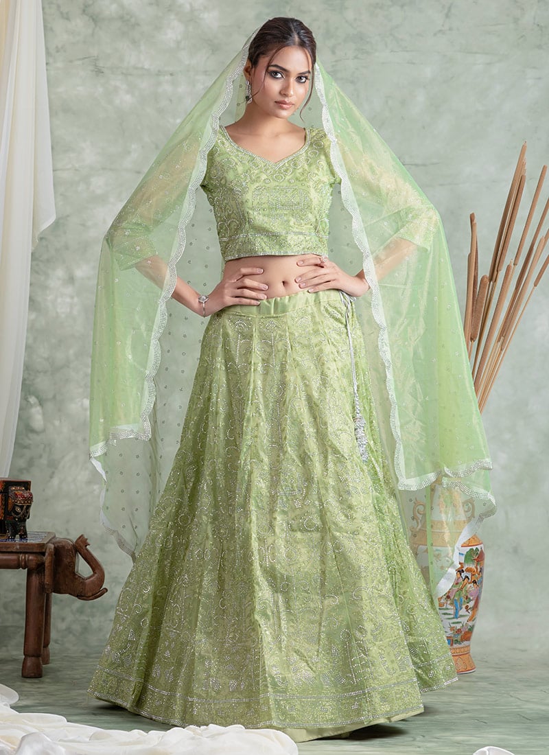 Pista Green Shimmer Net Zari And Stone Work A Line Lehenga