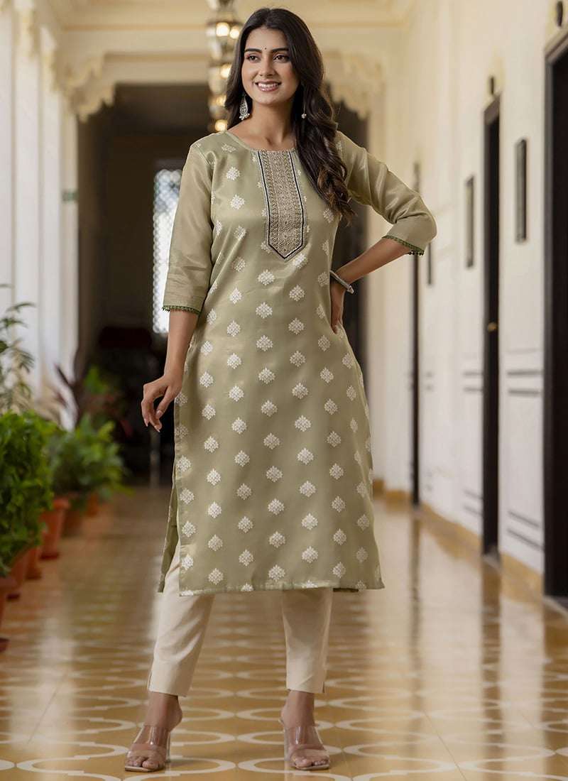 Pista Green Shimmer Silk Embroidered Long Kurti After Six Wear