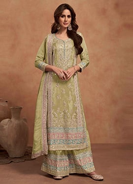 Pista Green Shimmer Silk Gota Embroidered Sequins Palazzo Suit