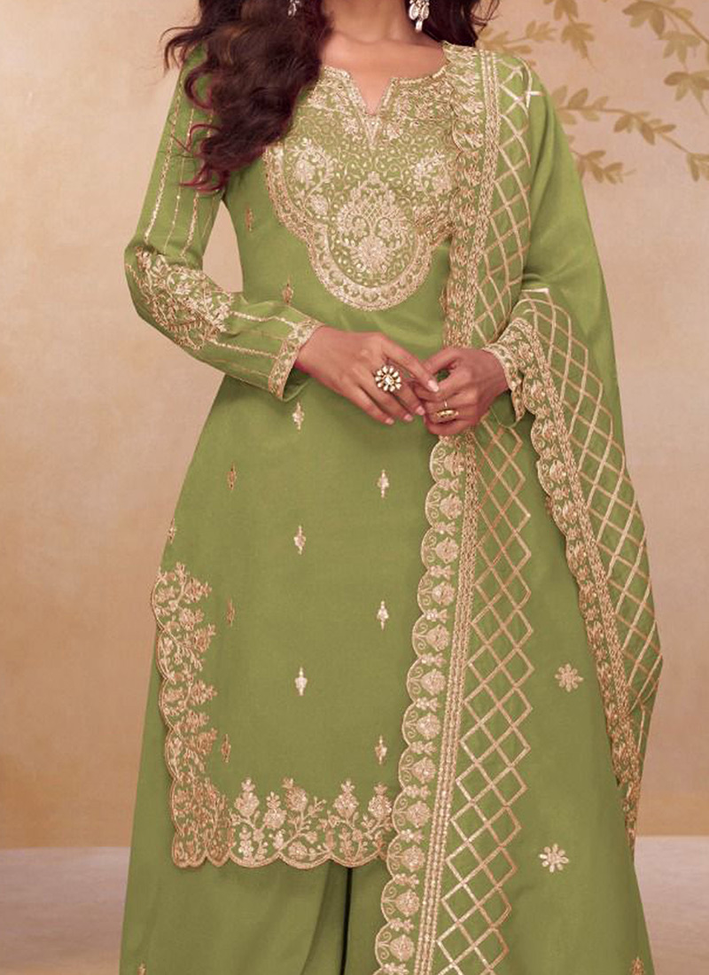 Green Front and Back Embroidered Shimmer Silk Palazzo Suit