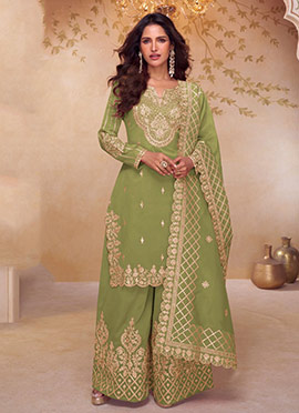 Pista Green Shimmer Silk Zari Embroidered Sequins Palazzo Suit